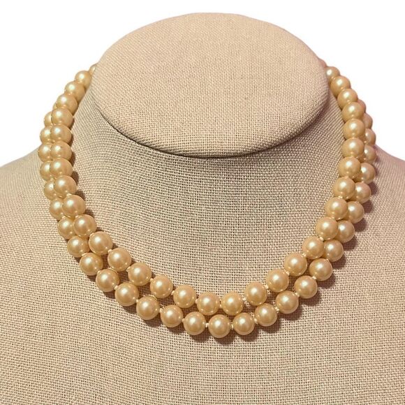 Vintage Double Strand Pearl Choker Style Necklace With Ball Clasp - Picture 1 of 2
